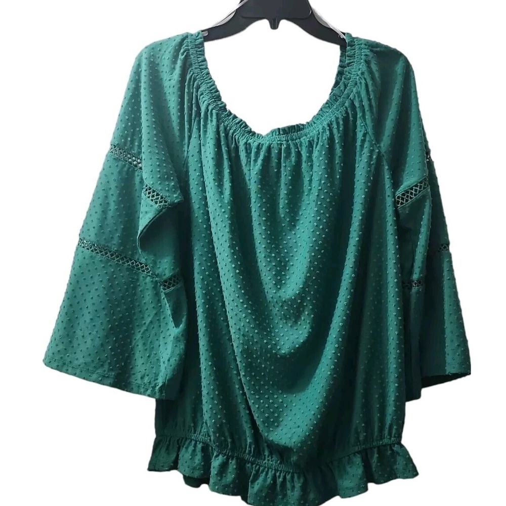 NY Collection‎ Blouse Top Bell Sleeve Swiss Dot Green XL